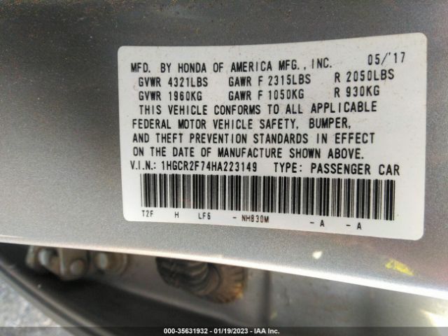 Honda Accord Sedan Ex 2017 1HGCR2F74HA223149 Image 9
