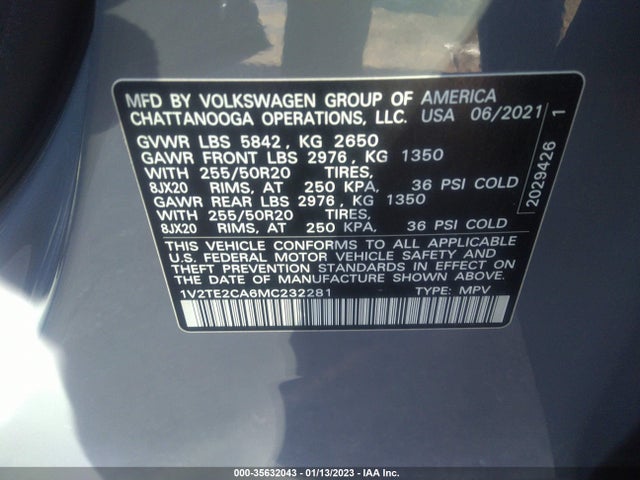 2021 Volkswagen Atlas, VIN: 1V2TE2CA6MC232281