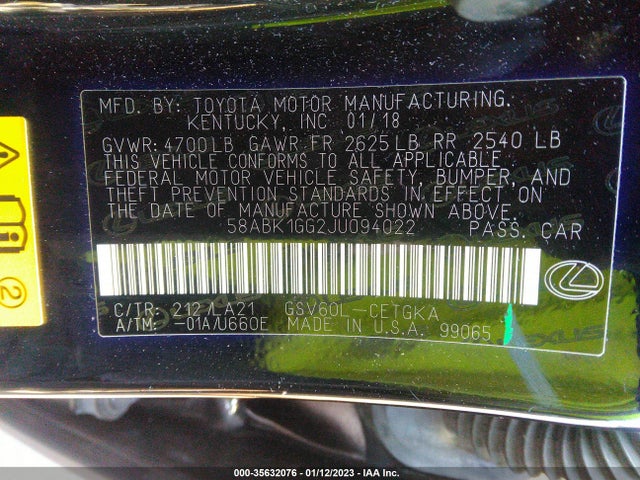 58ABK1GG2JU094022 Lexus Es Es 350