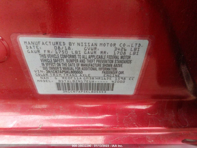 2019 Nissan Versa, VIN: 3N1CN7AP5KL805553