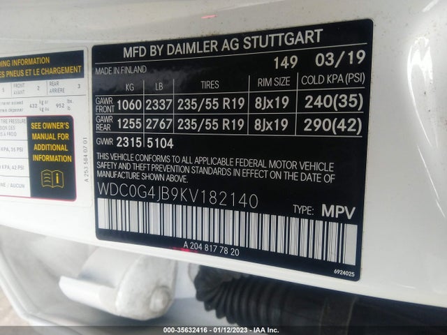 2019 Mercedes-Benz GLC-Class, VIN: WDC0G4JB9KV182140