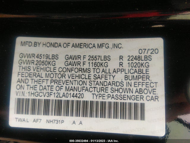 2020 Honda Accord, VIN: 1HGCV3F12LA014420