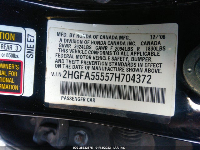 2007 HONDA CIVIC SI VIN: 2HGFA55557H704372