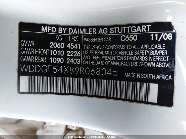 2009 MERCEDES-BENZ C-CLASS 3.0L VIN: WDDGF54X89R068045