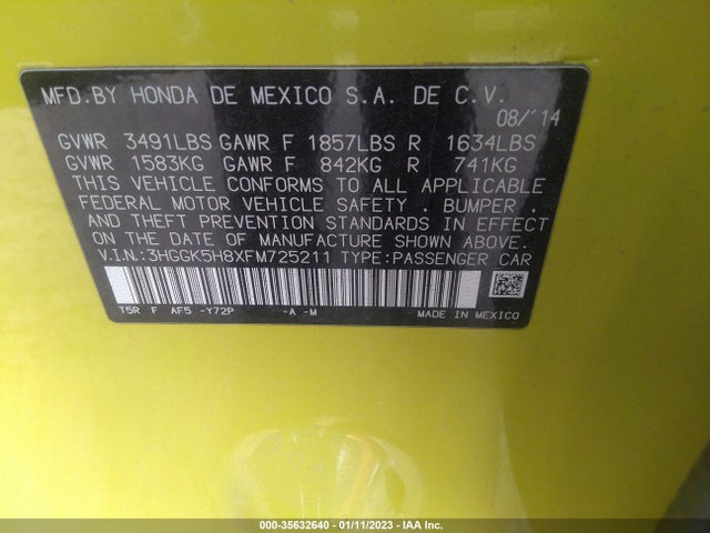 2015 HONDA FIT EX-L/EX VIN: 3HGGK5H8XFM725211