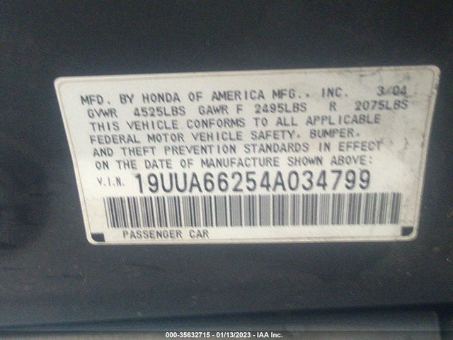 2004 ACURA TL VIN: 19UUA66254A034799