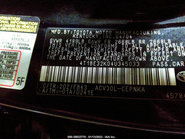 35632770 :رقم المزاد ، 4T1BE32K04U345033 vin ، 2004 Toyota Camry Le/se/xle/std مزاد بيع