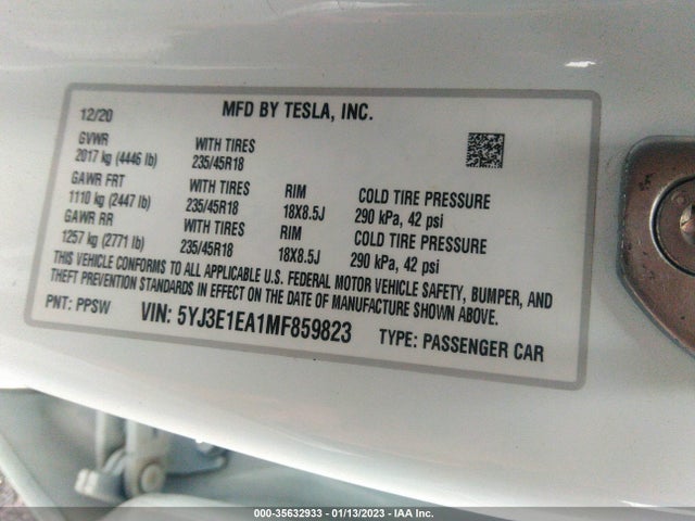 Tesla Model 3 Standard Range Plus 2021 5YJ3E1EA1MF859823 Image 10