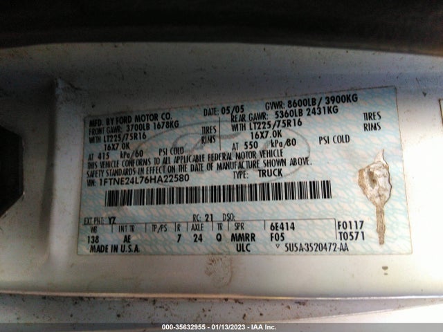 2006 FORD ECONOLINE CARGO VAN VIN: 1FTNE24L76HA22580