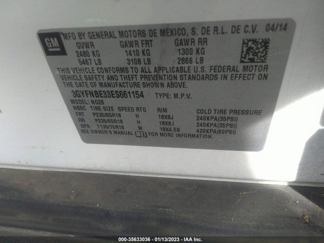 3GYFNBE33ES661154 Cadillac Srx Luxury Collection