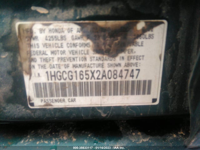 2002 HONDA ACCORD SDN EX W/LEATHER VIN: 1HGCG165X2A084747
