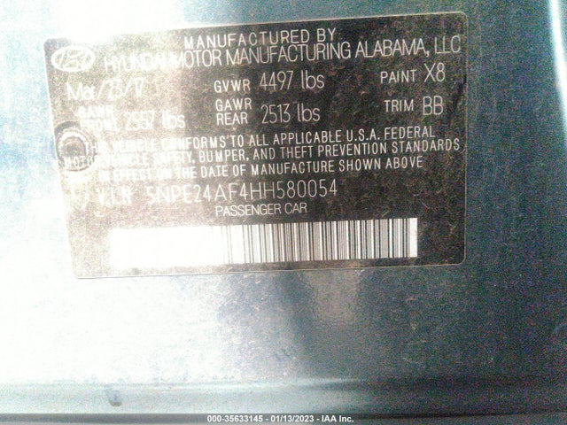 2017 HYUNDAI SONATA 2.4L VIN: 5NPE24AF4HH580054