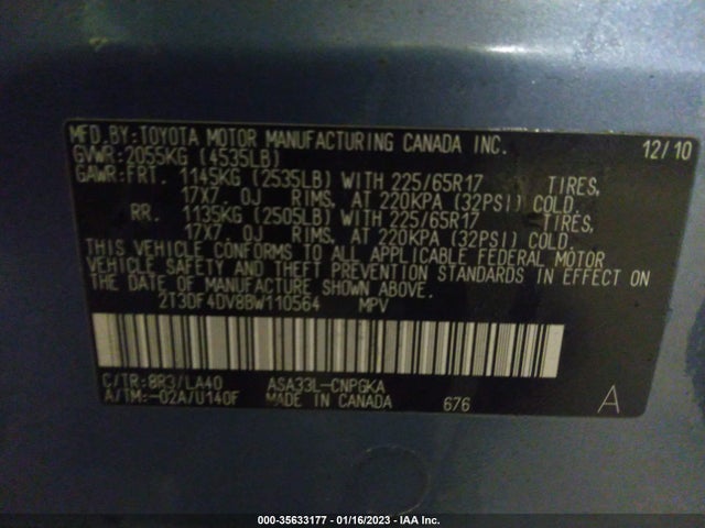 2011 TOYOTA RAV4 LTD VIN: 2T3DF4DV8BW110564