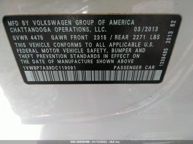 2013 VOLKSWAGEN PASSAT SE VIN: 1VWBP7A39DC119091