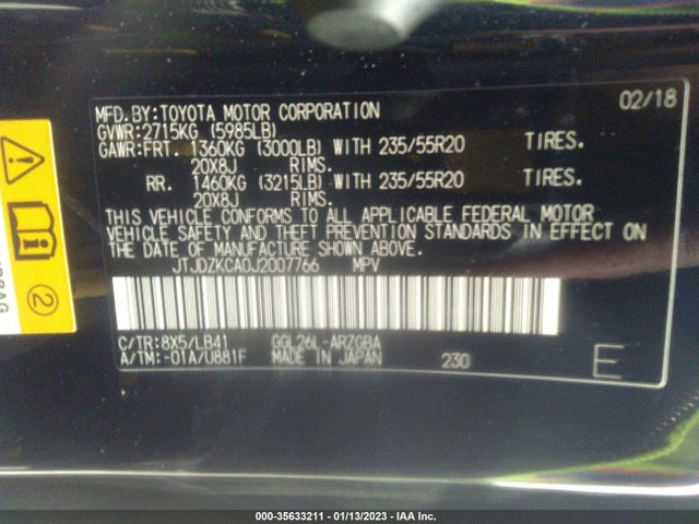 JTJDZKCA0J2007766 Lexus Rx Rx 350l