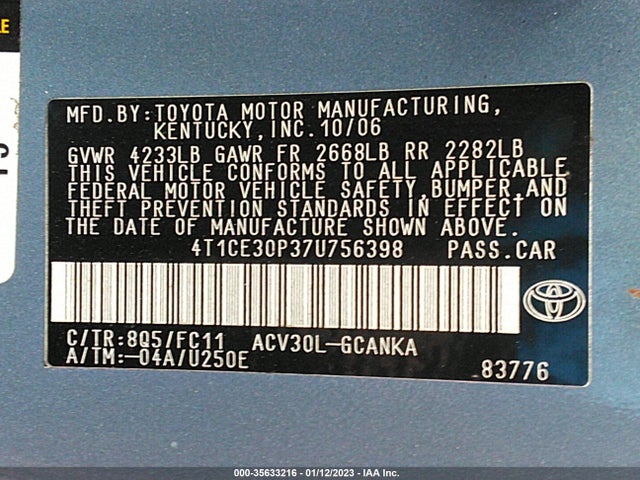 2007 TOYOTA CAMRY SOLARA SE SPORT VIN: 4T1CE30P37U756398