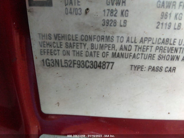 2003 OLDSMOBILE ALERO GL1 VIN: 1G3NL52F93C304877
