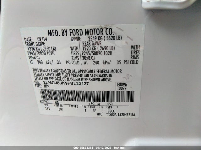 2015 Lincoln MKX, VIN: 2LMDJ8JK9FBL23127
