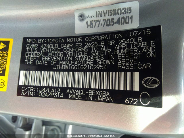 2016 Lexus ES, VIN: JTHBW1GG1G2102954