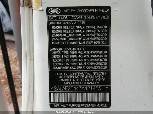 Land Rover LR3 2007 SALAE25447A421455 Image 10