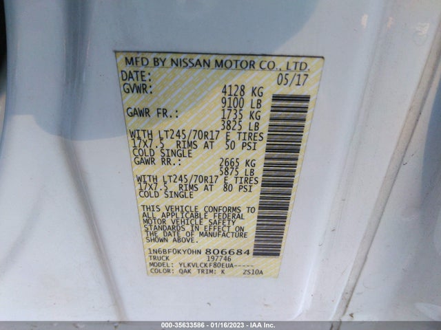 2017 Nissan NV, VIN: 1N6BF0KY0HN806684