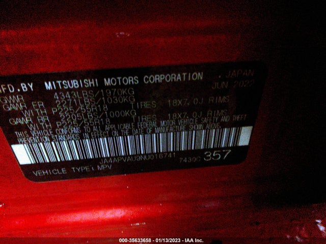 2022 Mitsubishi Outlander, VIN: JA4APVAU9NU016741