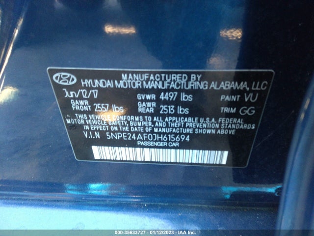 2018 HYUNDAI SONATA SE VIN: 5NPE24AF0JH615694