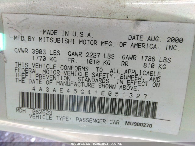 4A3AE45G41E051327 Mitsubishi ECLIPSE GS