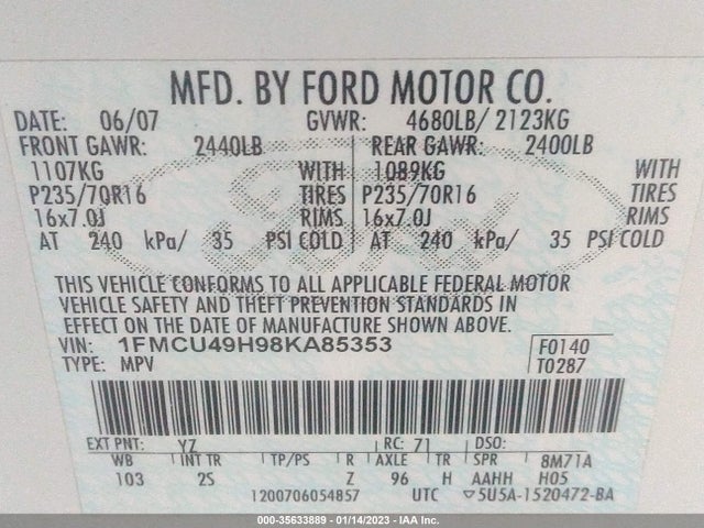 2008 FORD ESCAPE HYBRID VIN: 1FMCU49H98KA85353