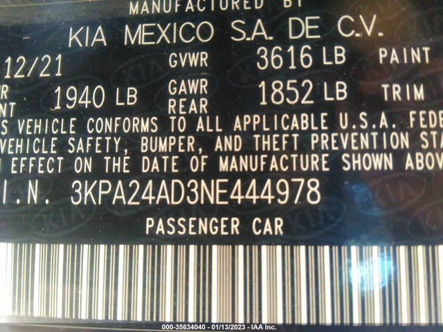 2022 Kia Rio, VIN: 3KPA24AD3NE444978