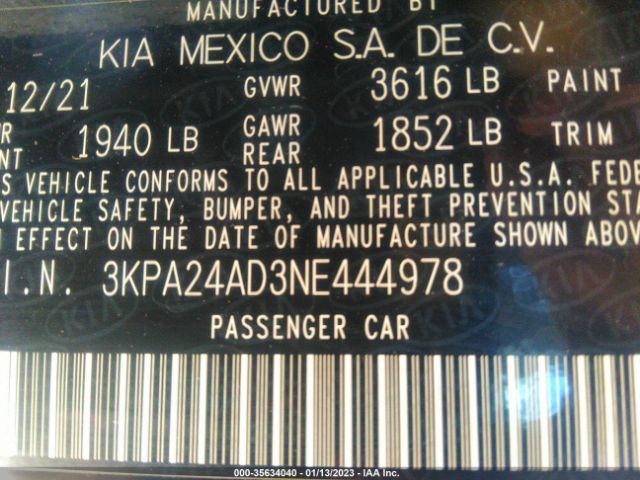 3KPA24AD3NE444978 KIA RIO LX