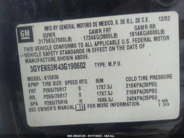 3GYEK63N43G190602 Cadillac ESCALADE EXT
