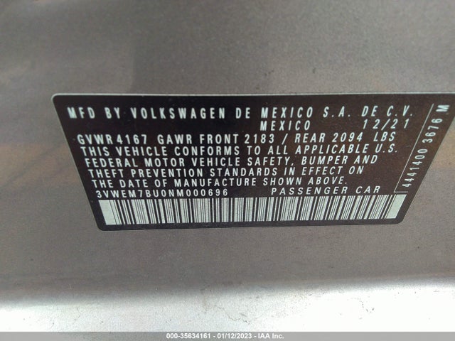 2022 Volkswagen Jetta, VIN: 3VWEM7BU0NM000696