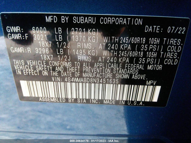 2022 Subaru Ascent, VIN: 4S4WMABD8N3451635