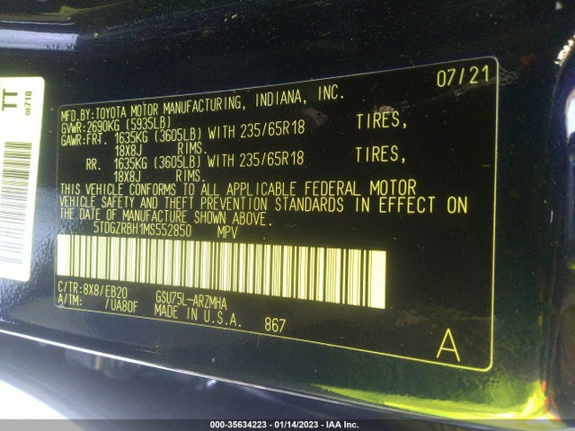 2021 Toyota Highlander, VIN: 5TDGZRBH1MS552850