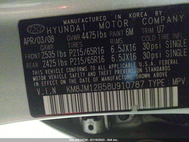 2008 HYUNDAI TUCSON GLS VIN: KM8JM12B58U910787