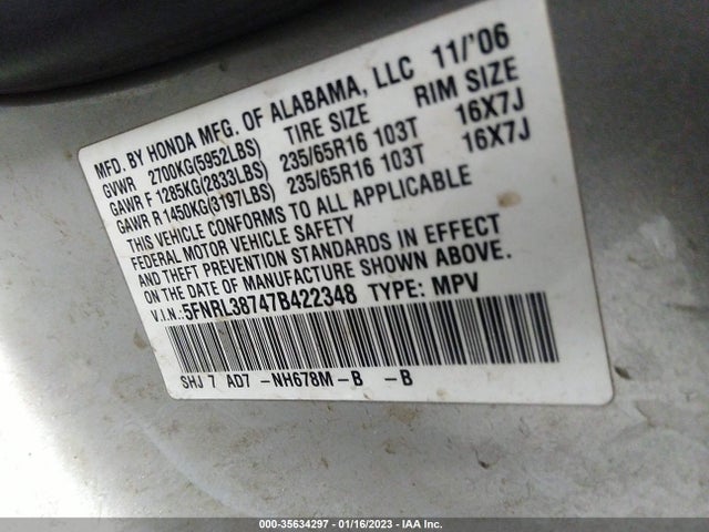 2007 HONDA ODYSSEY EX-L VIN: 5FNRL38747B422348