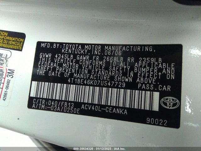 2007 TOYOTA CAMRY CE/LE/SE/XLE VIN: 4T1BE46K07U547729