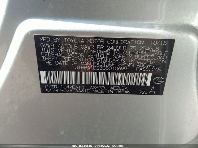 2016 Lexus IS, VIN: JTHBA1D23G5010699