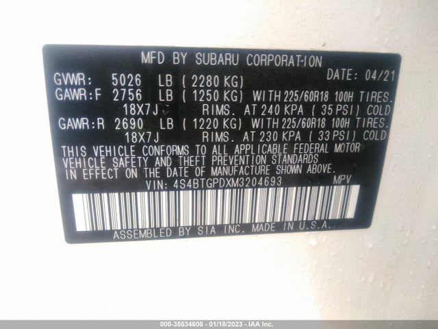 2021 Subaru Outback, VIN: 4S4BTGPDXM3204693