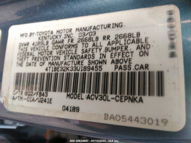 2003 TOYOTA CAMRY LE/SE/XLE VIN: 4T1BE32K33U189455
