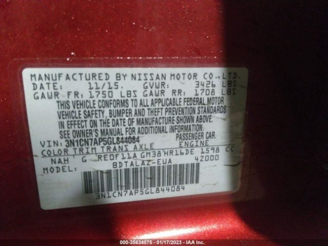 3N1CN7AP5GL844084 Nissan Versa S Plus