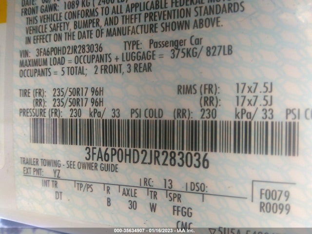 2018 FORD FUSION SE VIN: 3FA6P0HD2JR283036