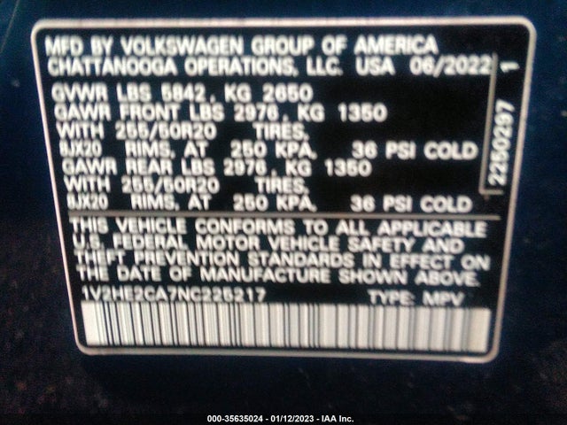 2022 Volkswagen Atlas, VIN: 1V2HE2CA7NC225217