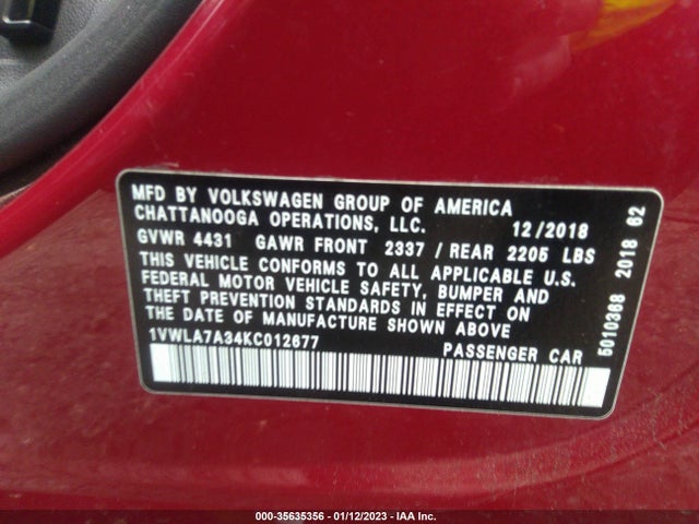 2019 Volkswagen Passat, VIN: 1VWLA7A34KC012677