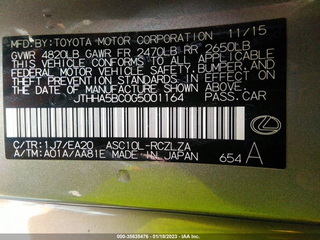 2016 Lexus RC, VIN: JTHHA5BC0G5001164