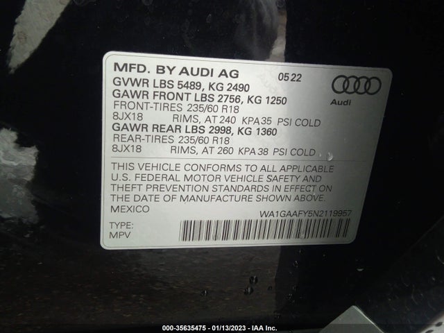 2022 Audi Q5, VIN: WA1GAAFY5N2119957