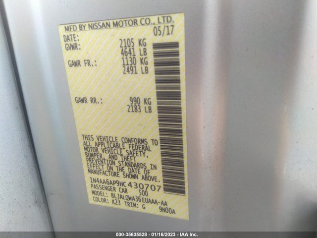 2017 Nissan Maxima, VIN: 1N4AA6AP9HC430707