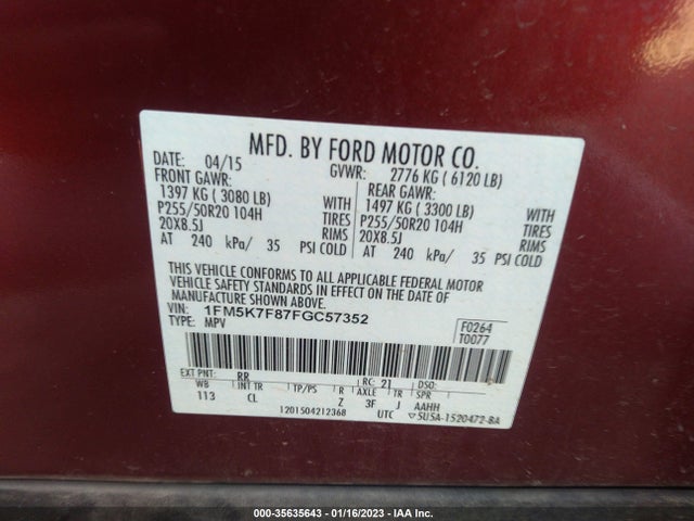2015 Ford Explorer, VIN: 1FM5K7F87FGC57352