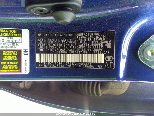 2014 TOYOTA COROLLA L/LE/S/S PLUS/LE PLUS VIN: 2T1BURHE0EC217109